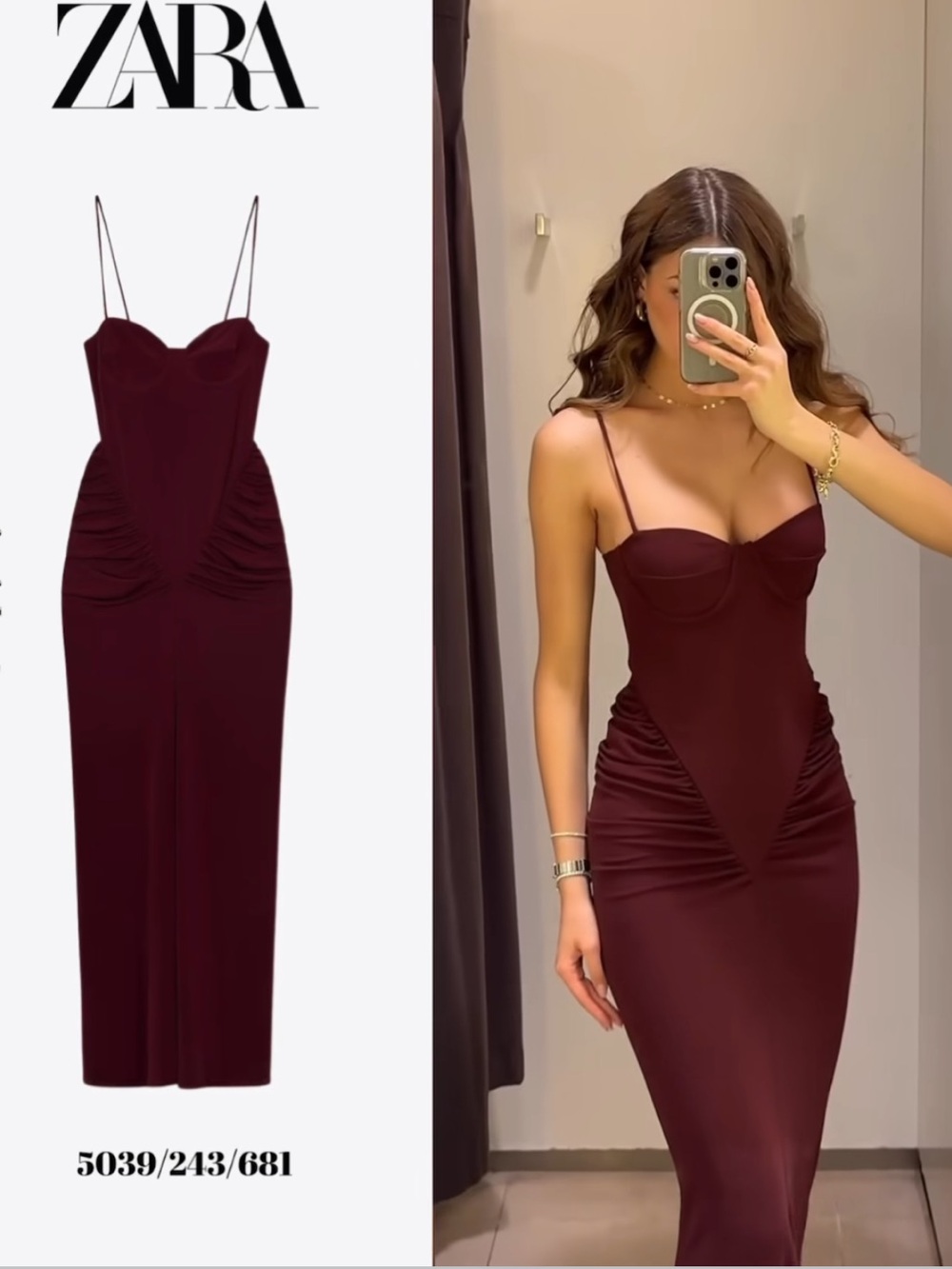 ZARA Burgundy Ruched Midi Dress with Spaghetti Straps